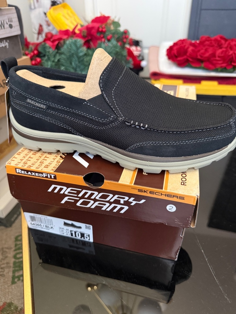 Skechers Men's Black Slip-On Relaxed-Fit Loafer with Tan Accents